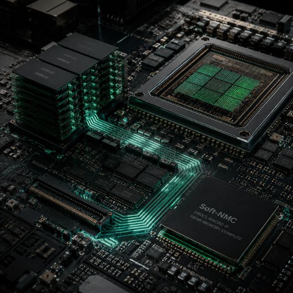 Soft-NMC near-memory semiconductor architecture showing AI accelerator and memory-interface dataflow optimization